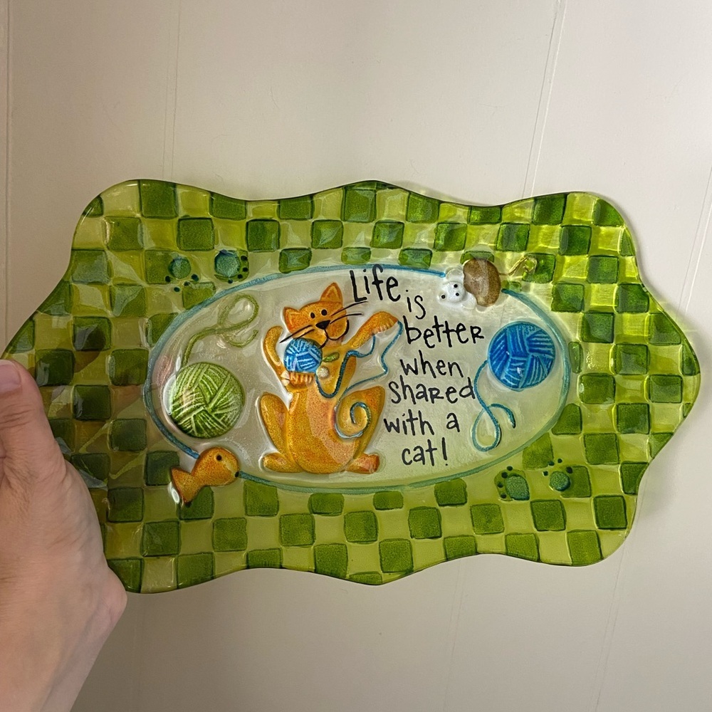 Cat Platter “Life is Better When Shared with a Cat!" Reverse Painted Green Glass